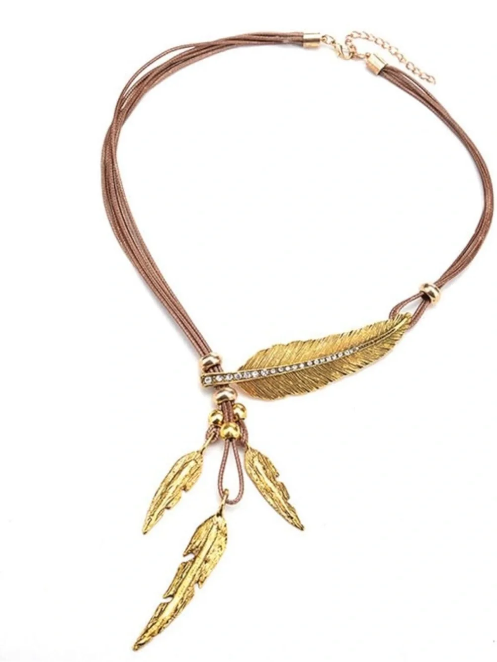 Bohemian Gold Feather Pendant Necklace with Brown Cord